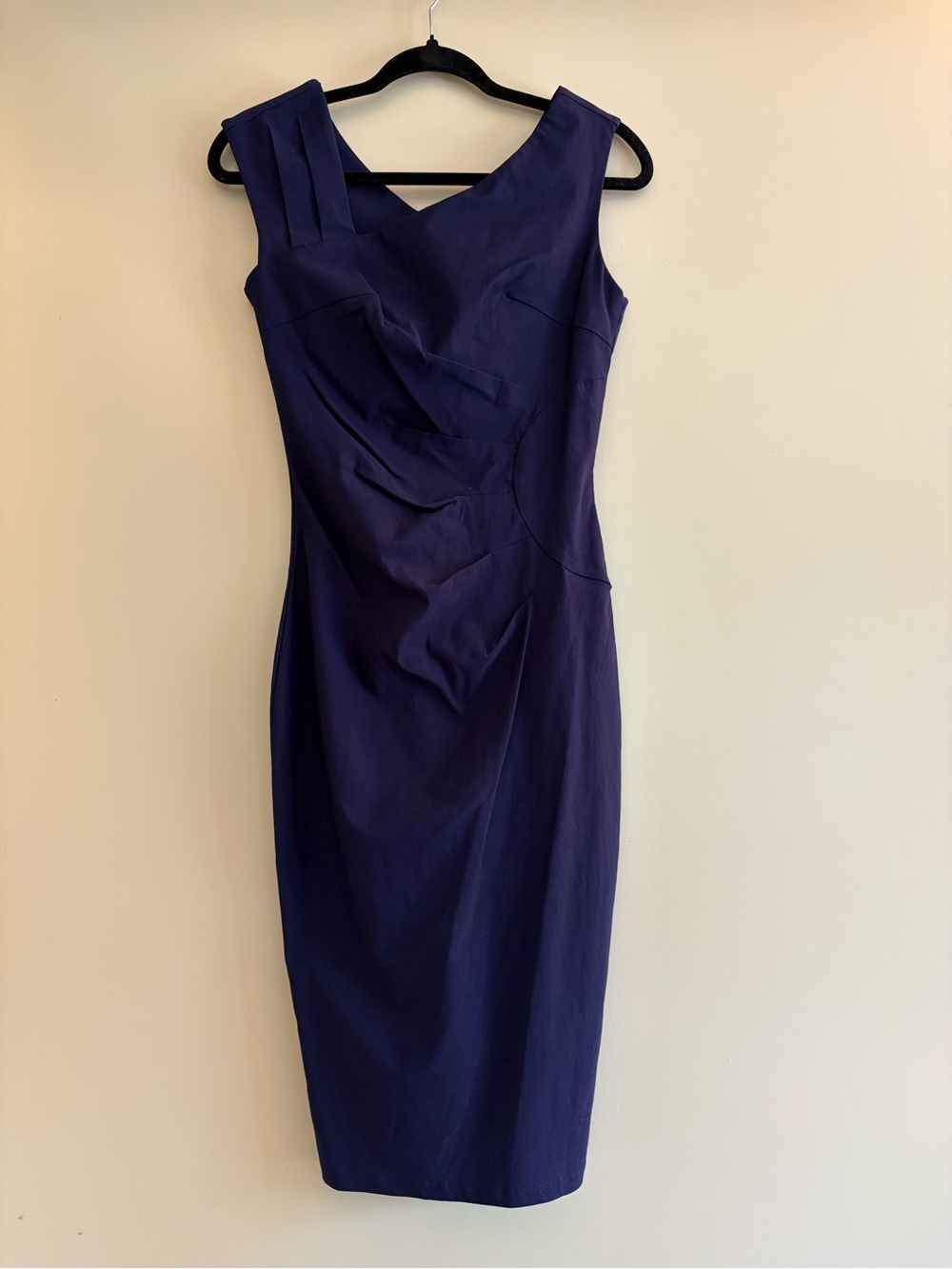 Sleeveless Midi Dress in Deep Navy with Asymmetric Pleat Detail